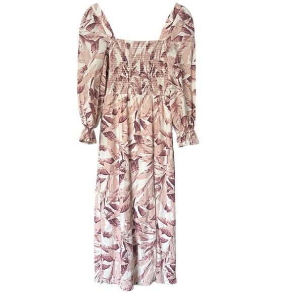 House of Harlow 1960 Linen Blend Puff Sleeve Square Neck Smocked Midi Dress XS - Picture 2 of 7